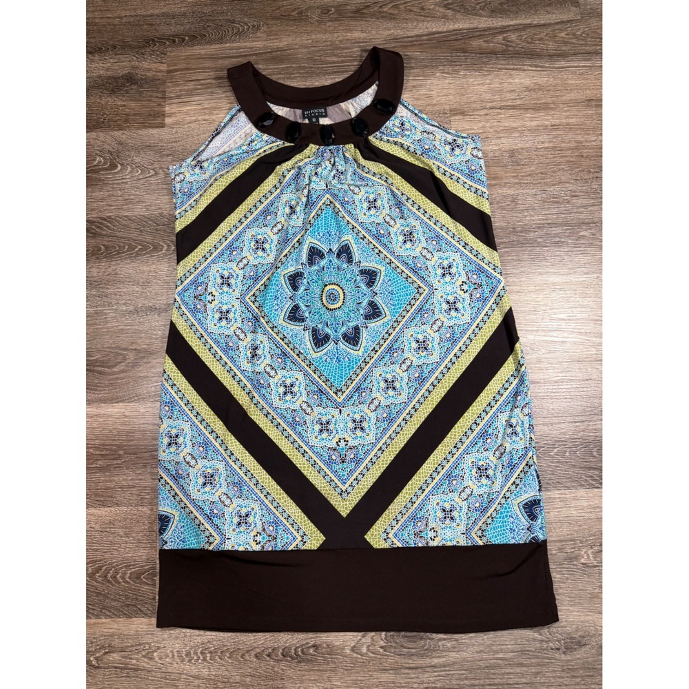 En Focus Studio Shift Dress Women's 10 Blue Green Geometric Medallion Jewel Neck
